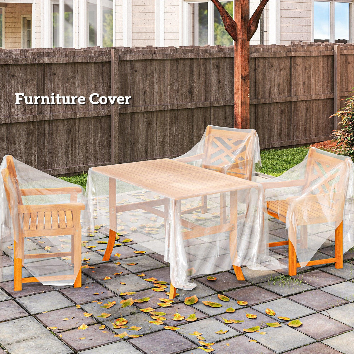 Translucent furniture cover draped over patio table and chairs