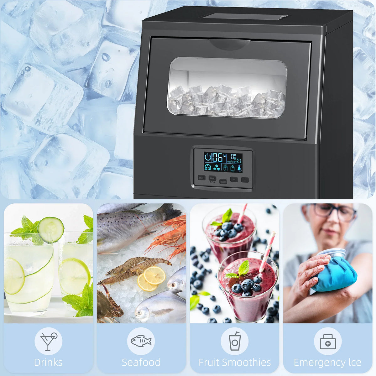 Black commercial ice maker with transparent ice storage window and control panel