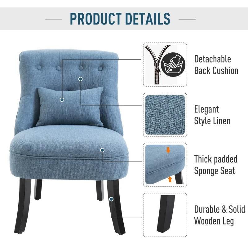 Blue upholstered armchair with tufted back, removable cushion, and durable wooden legs