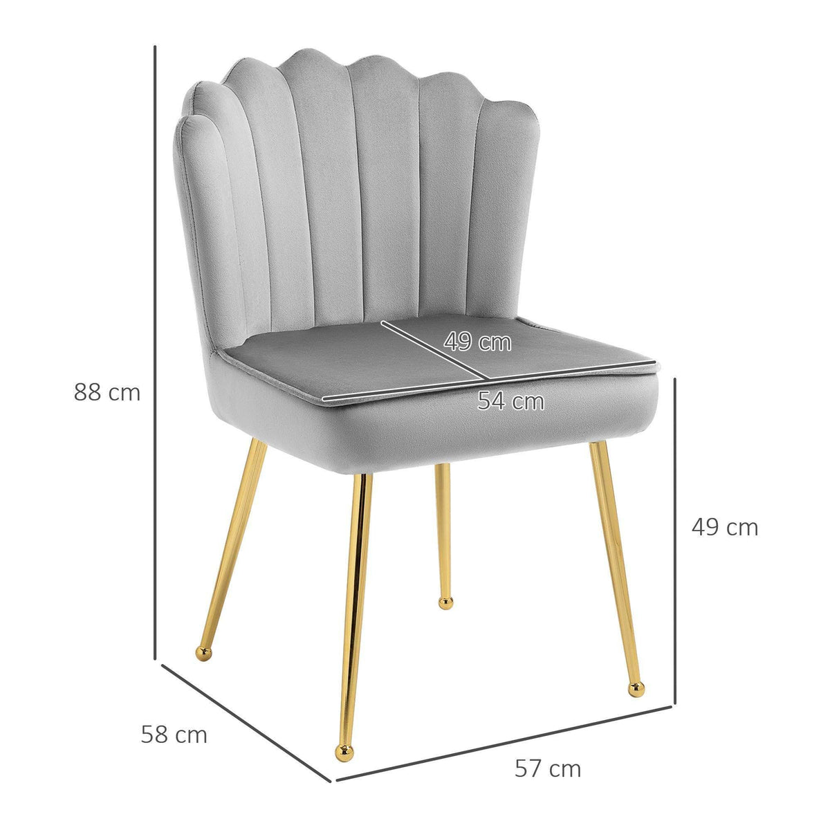 Grey velvet accent chair with shell back and gold legs; 54x49 cm seat size