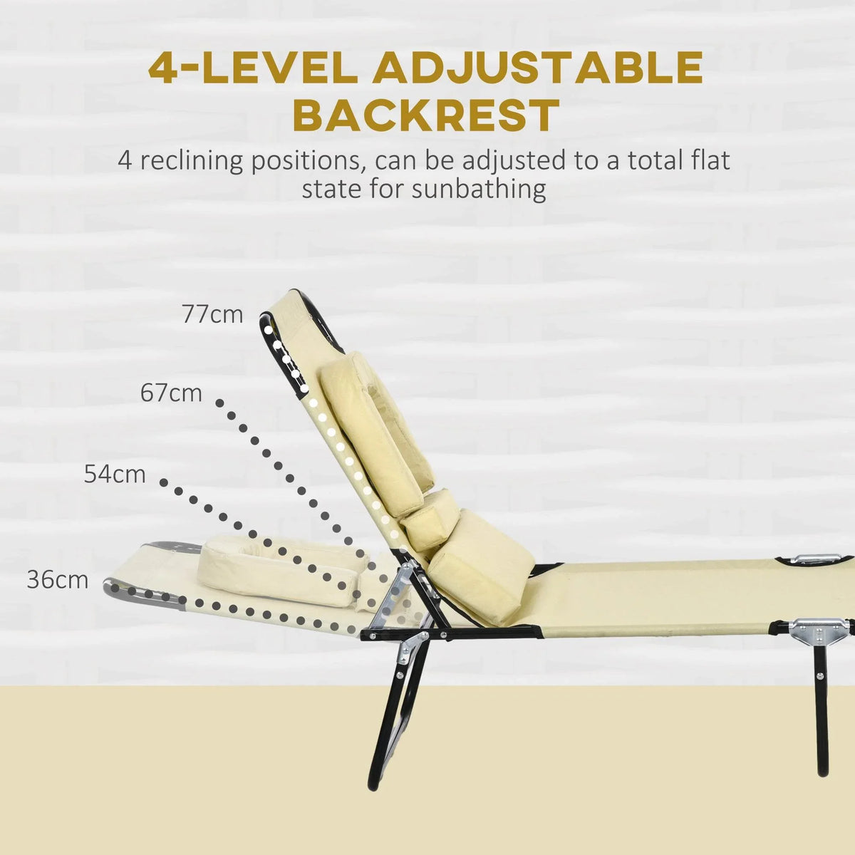 Beige reclining lounger with padded backrest and face-hole pillow, black frame