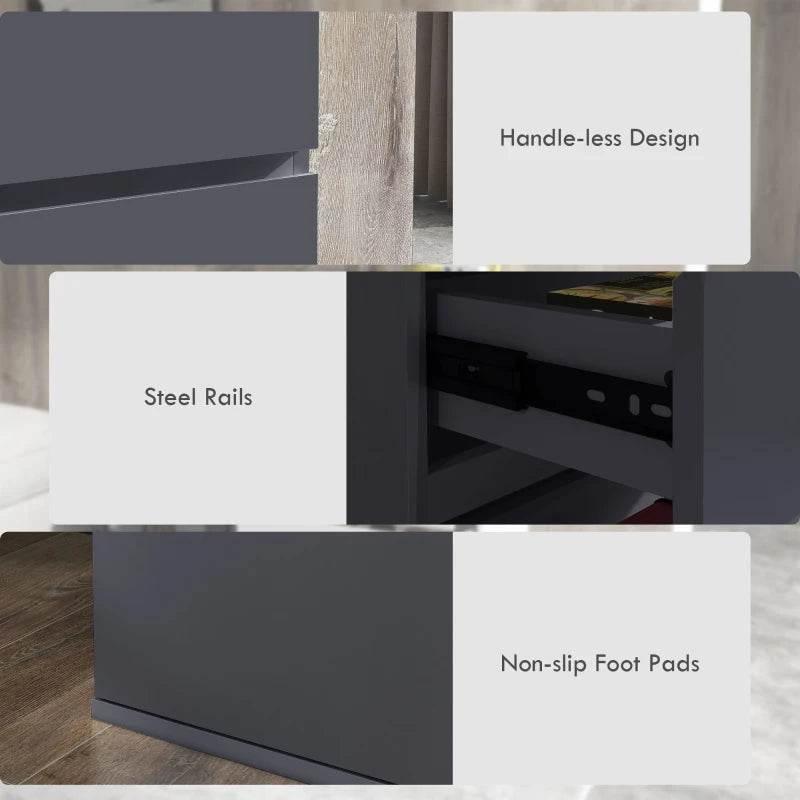 Dark gray drawer cabinet showing steel rails, handleless design, and non-slip feet