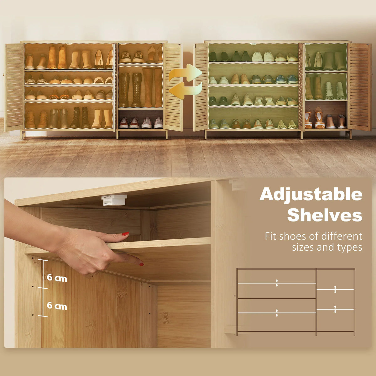 Shoe cabinet with adjustable shelves, open storage bay, and louvered door fronts