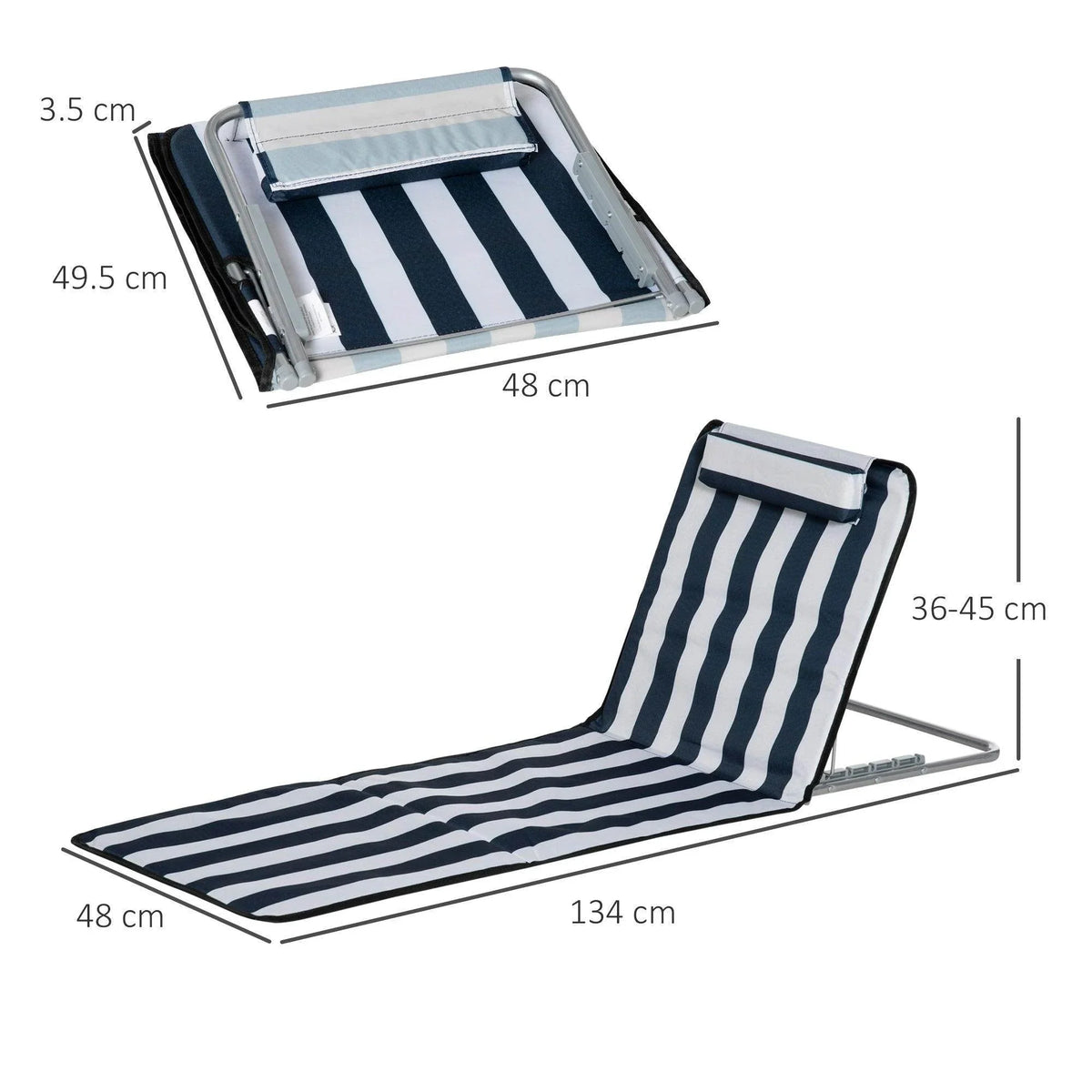 Foldable beach chair set with navy-blue and white striped fabric, compact folded frame