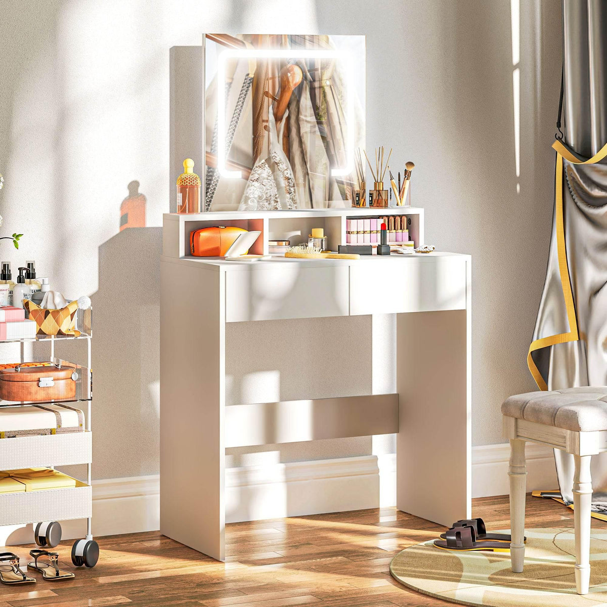 White LED illuminated vanity table with mirror and open storage shelves, makeup organizer