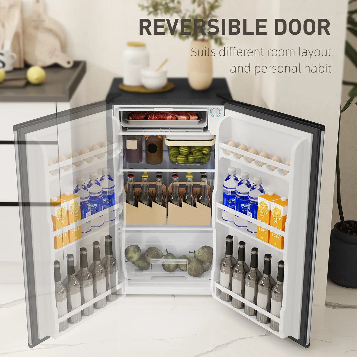 Reversible-door under-counter mini fridge open to show food storage shelves and bins