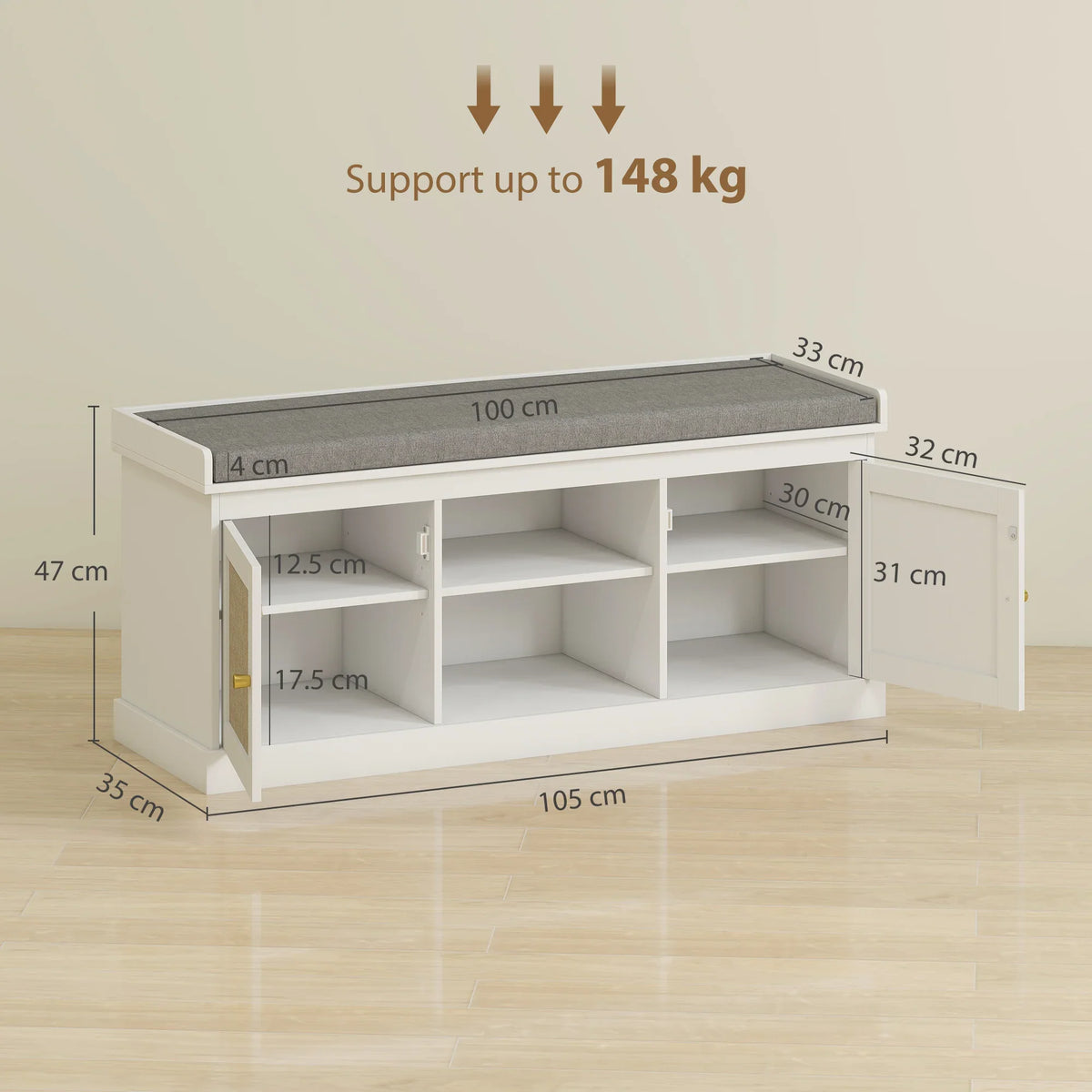 White shoe storage bench with gray cushion, open shelves and hinged doors, rattan accents