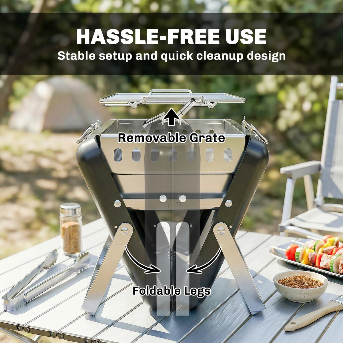 Portable charcoal grill with removable grate and folding legs, open front view.