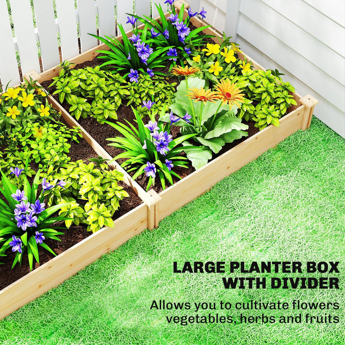 Wooden raised planter box with divider, filled with purple flowers, greens, and bulbs