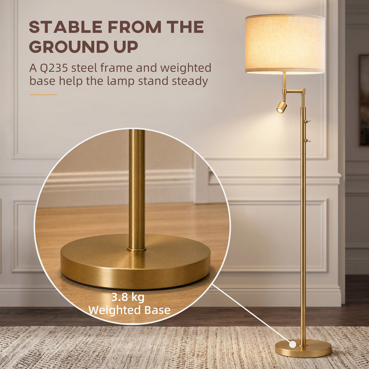 Homcom Modern Floor Lamp With Copper Finish And Built In Reading Light