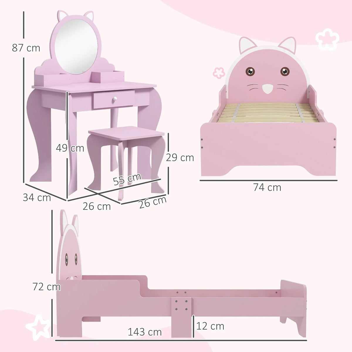 Cat-themed kids bedroom set with vanity table, stool, and bed (pink) - size diagram