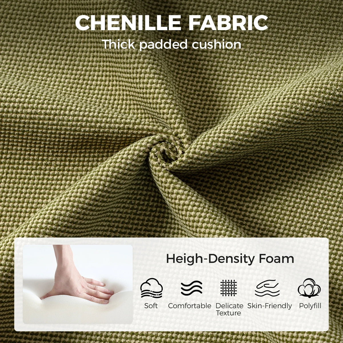Green chenille-style upholstery fabric on thick padded chair cushion