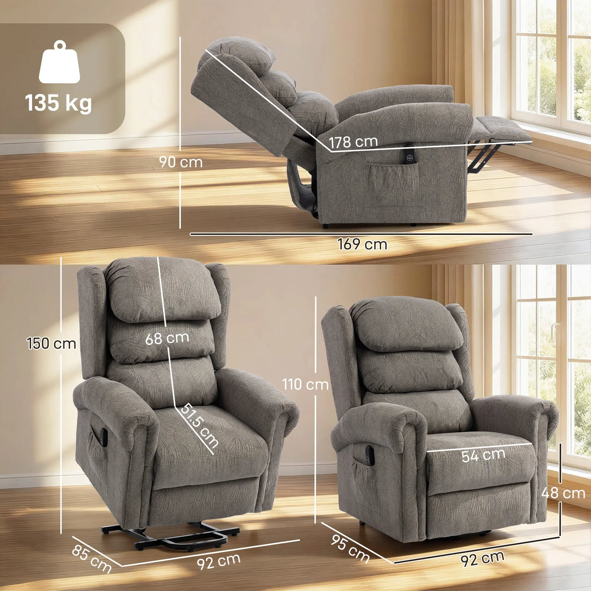Dark gray recliner chair showing power-lift base, headrest, and wide padded armrests