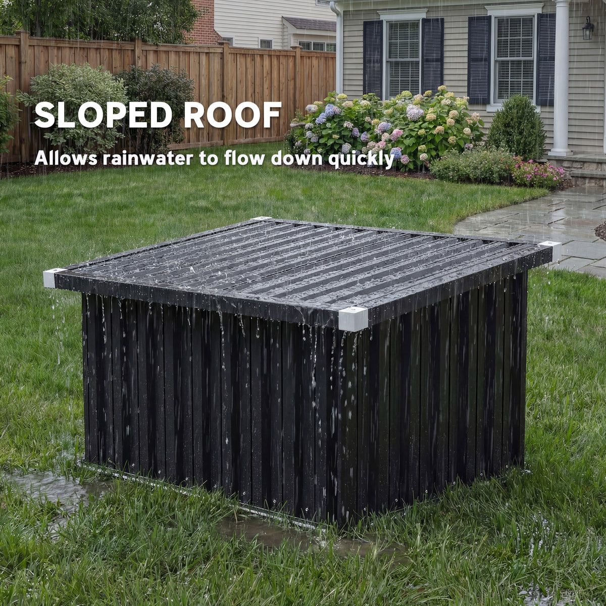 Robot mower storage shed with sloped roof top for fast rain runoff, dark steel panels