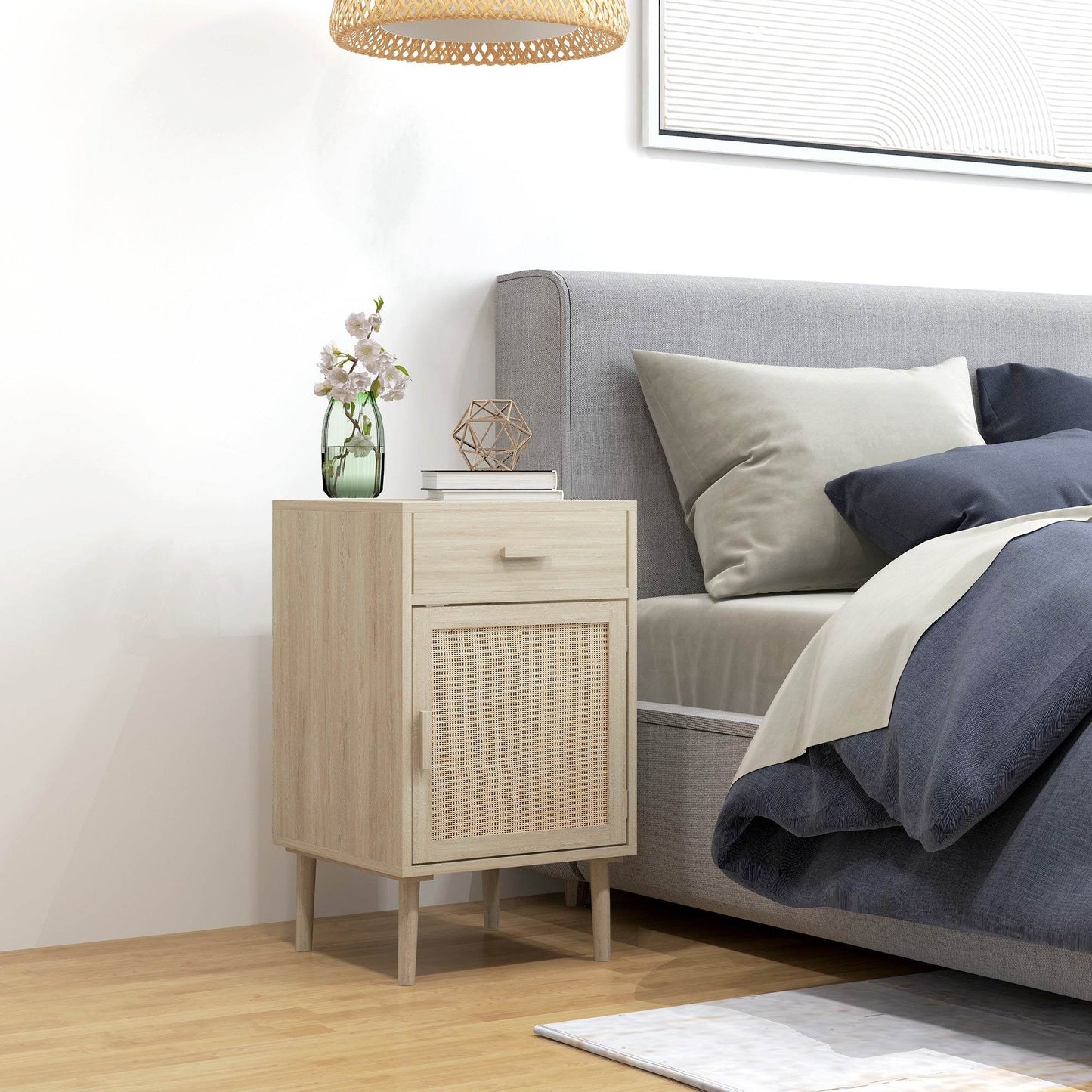 HOMCOM Bedside Tables Set of 2 Rattan Side Tables with Drawer Cabinet Adjustable Shelf Bedside Cabinets with Storage for Bedroom Living Room Natural Wood Effect - ALL4U RETAILER LTD