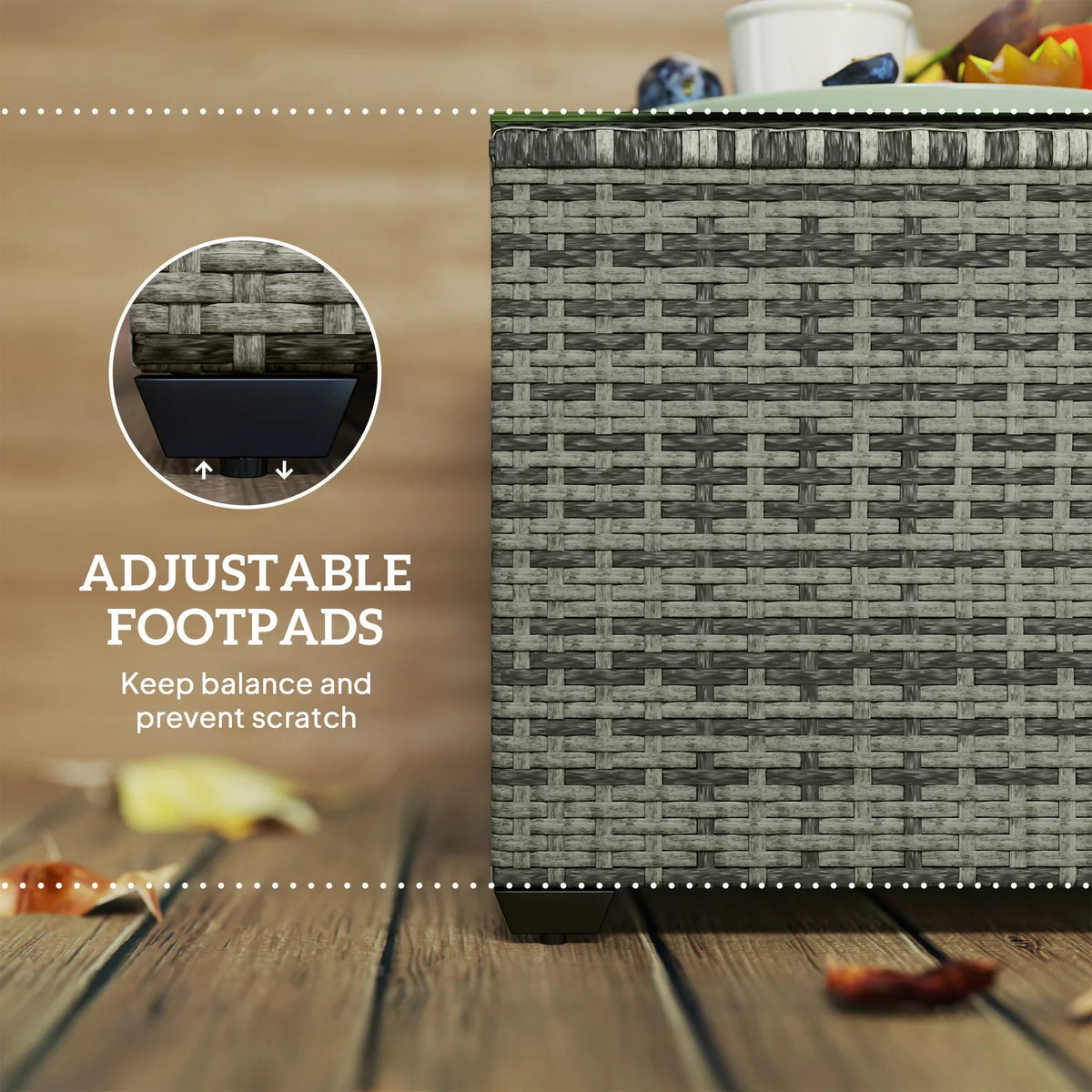 Grey woven rattan side table with adjustable footpads to help prevent scratching