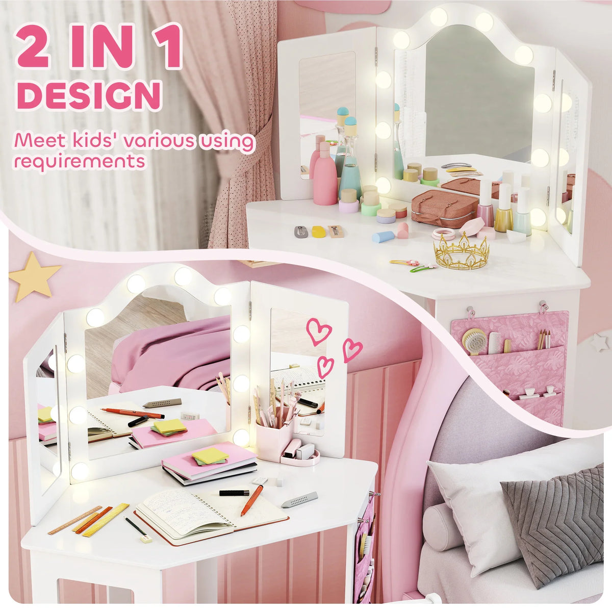 White kids vanity table with tri-fold mirror, lit bulbs around frame, LED lights