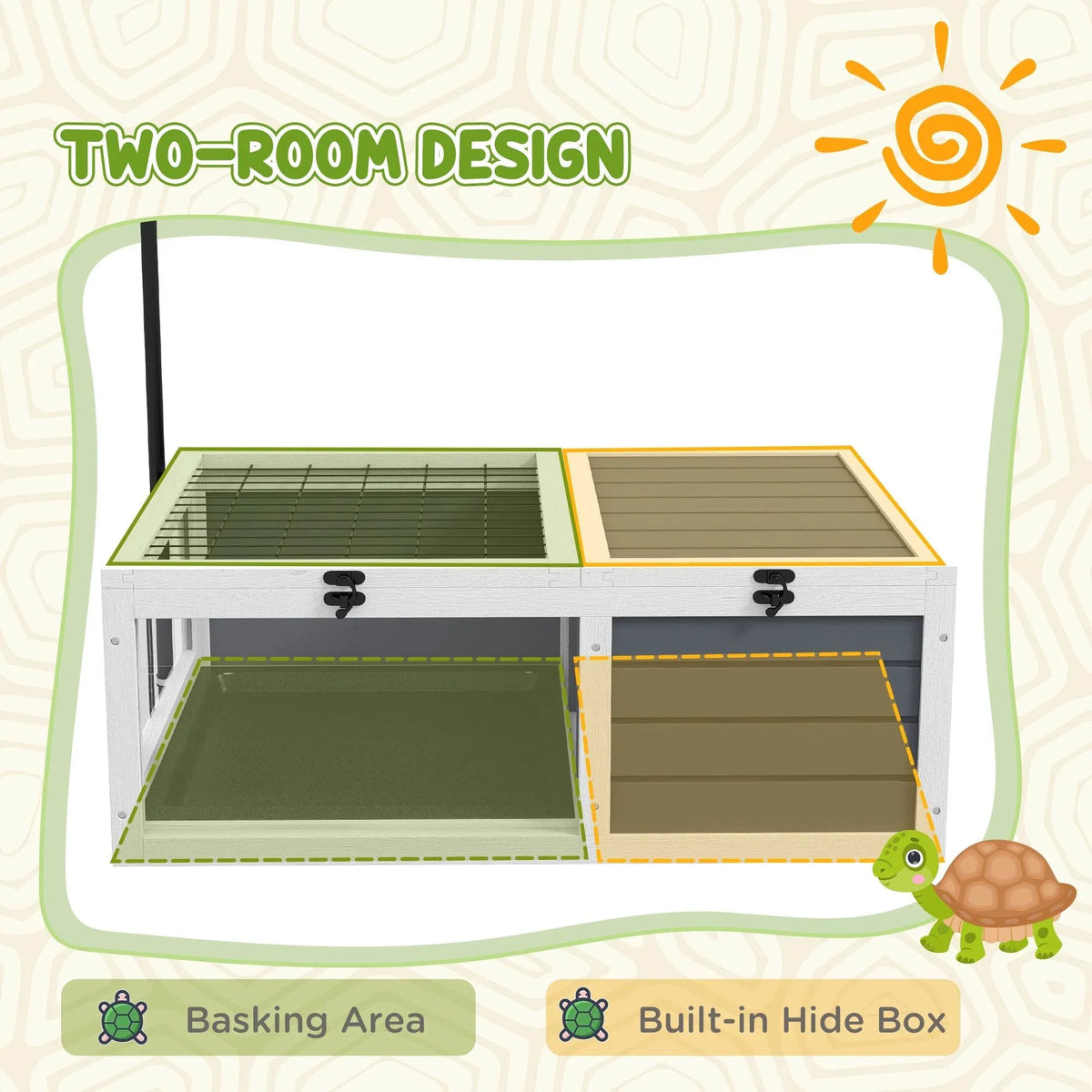 Tortoise habitat with lid open, showing two basking areas and a hide compartment