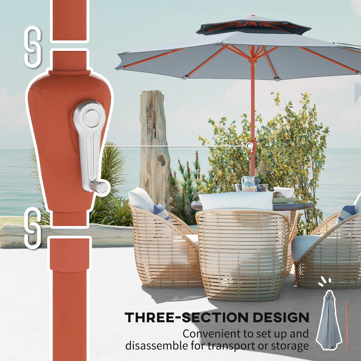 Light grey double-top parasol with orange crank handle on center pole