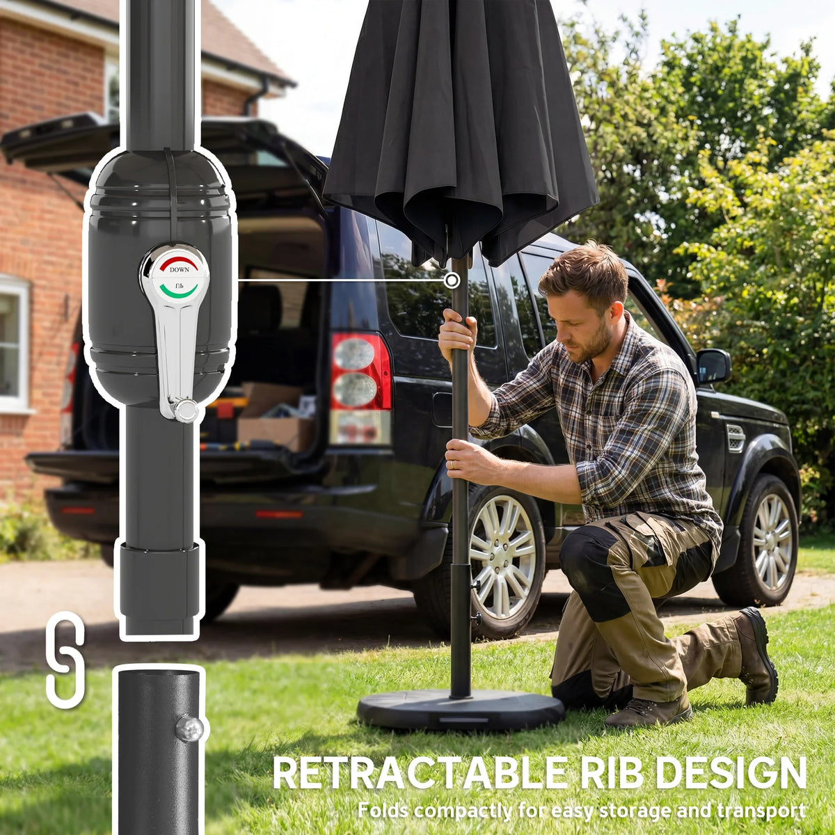Black outdoor market umbrella with retractable ribs design and central support pole.