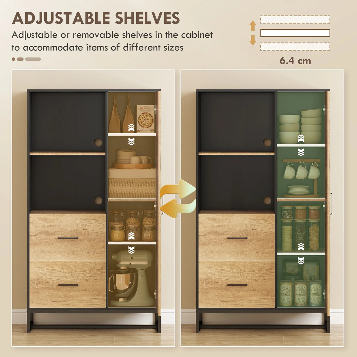 Freestanding pantry cabinet with adjustable shelves and drawers, shown with different shelf heights