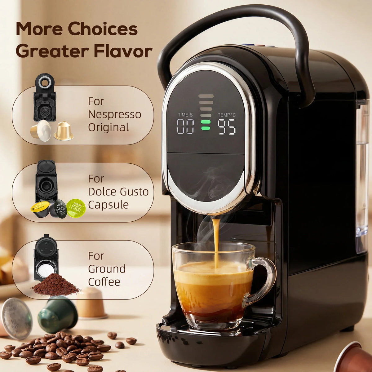 Black capsule and ground coffee machine showing selection and brewing area