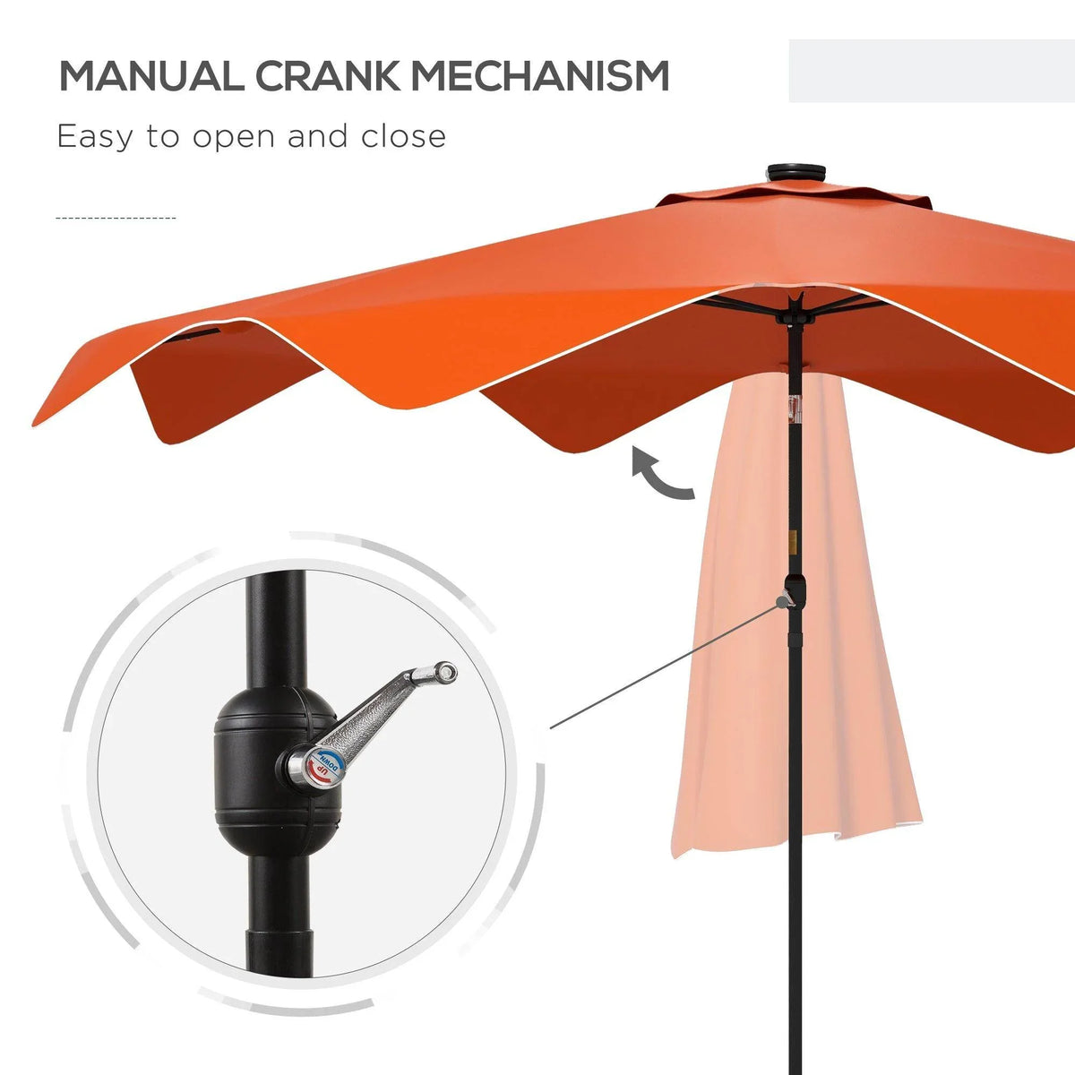 Orange patio umbrella canopy with manual crank mechanism on black center pole