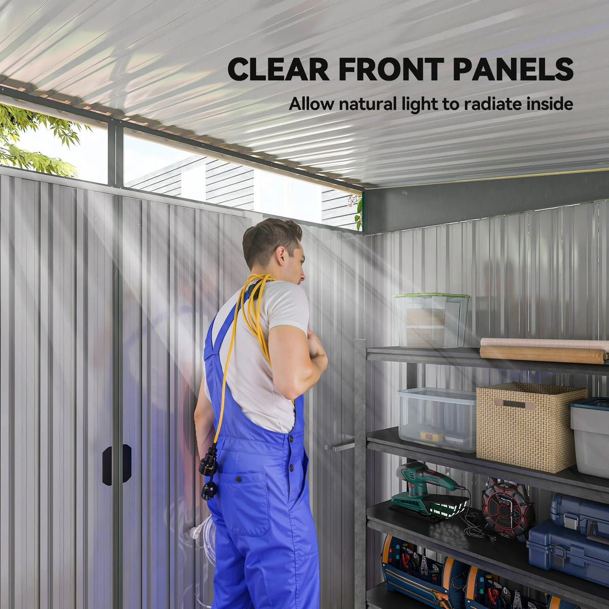 Light grey metal garden storage shed interior with clear front panels and shelving