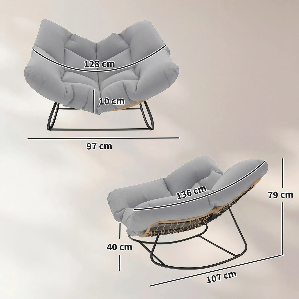 Light grey cushioned egg rocking chair with size markings and black metal base