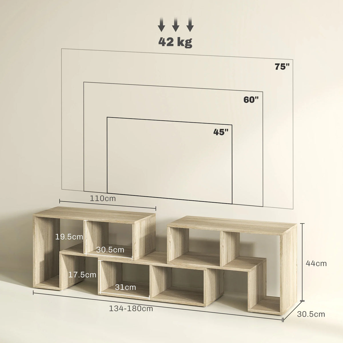 Grey wood-effect modular TV stand with six shelves and width measurements for up to 75" TV