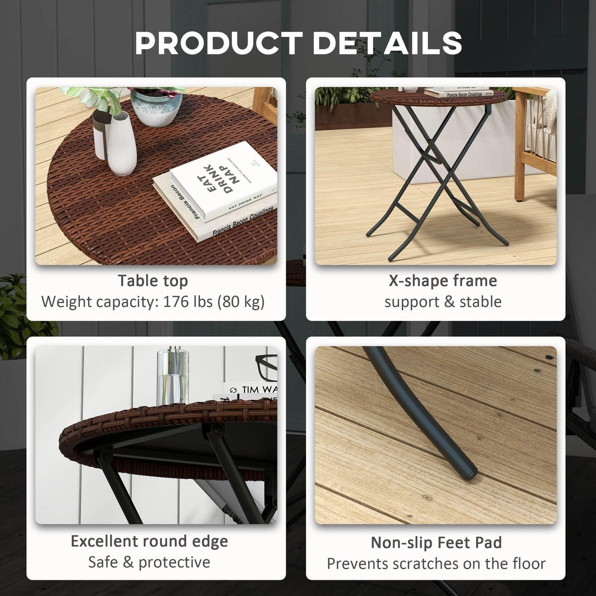 Round rattan side table details: woven edge, stable X-shaped metal frame, non-slip feet