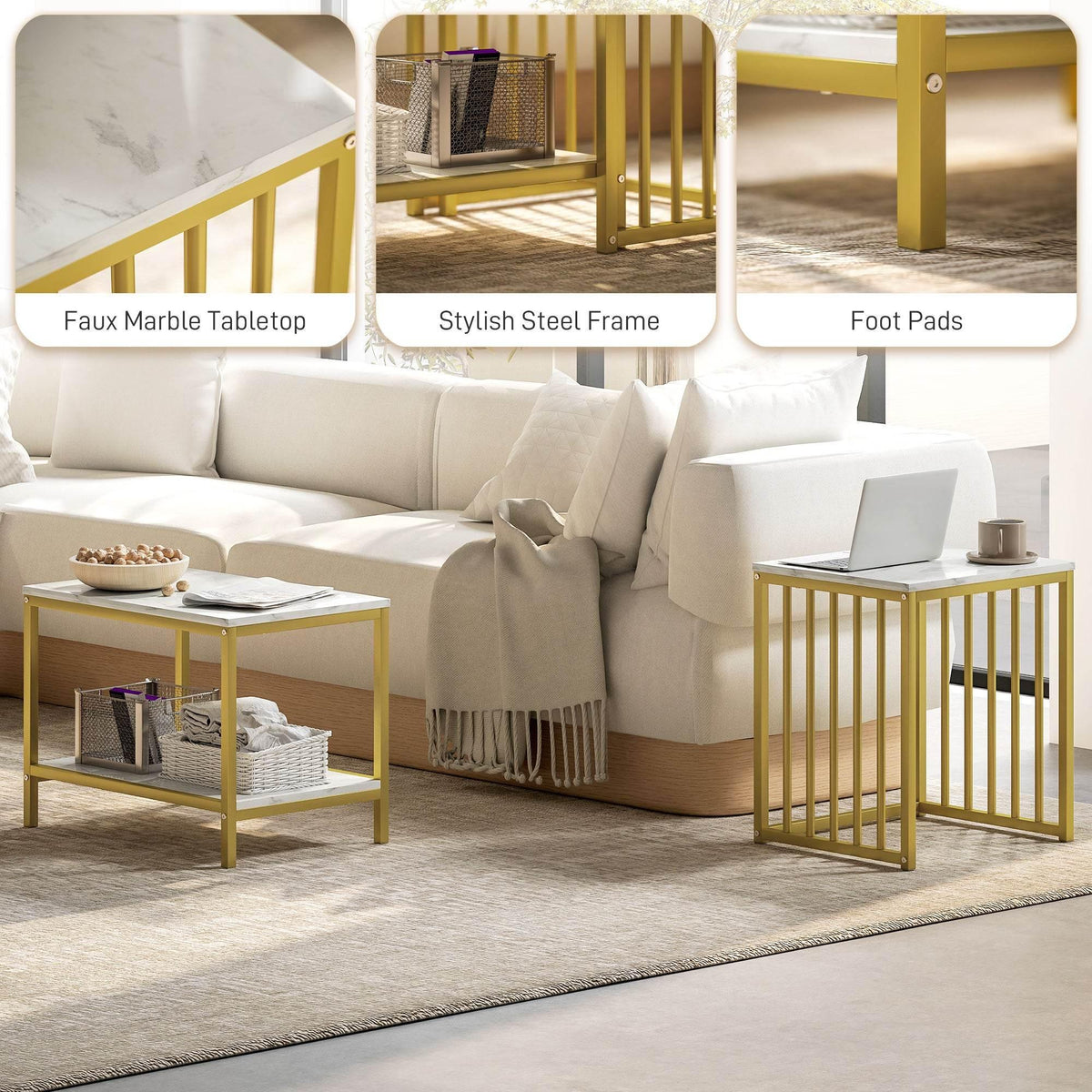 Nesting coffee tables with marble-effect tabletop and gold steel frame, side view