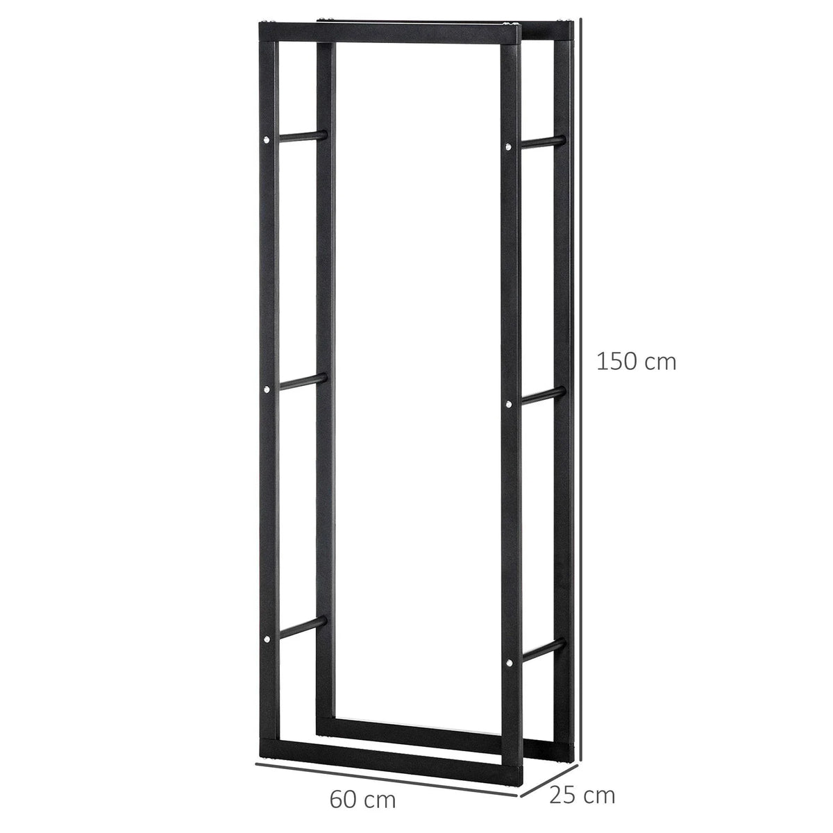 Black metal firewood rack frame with dimensions: 150 cm height, 60 cm wide