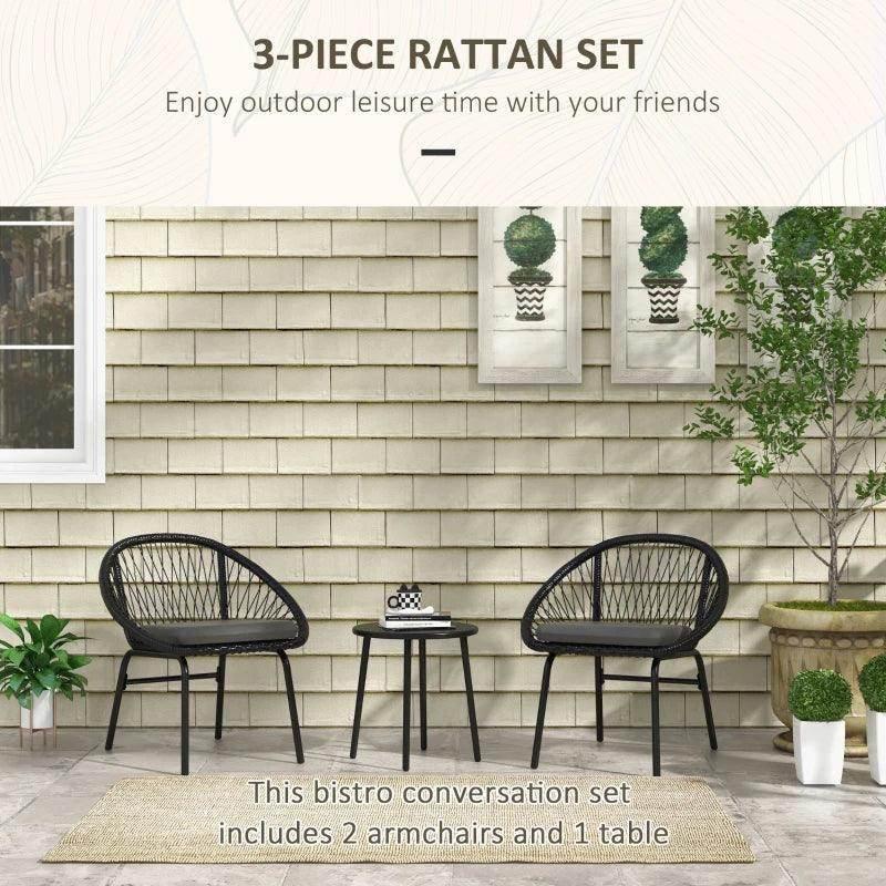 Outsunny outdoor rattan bistro set with two armchairs, round table, and seat cushions