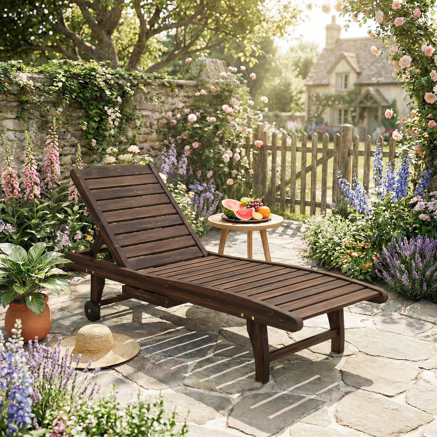 Outsunny Outdoor Wooden Sun Lounger With Built In Table Carbonised Finish Three Position Backrest And Side Tray