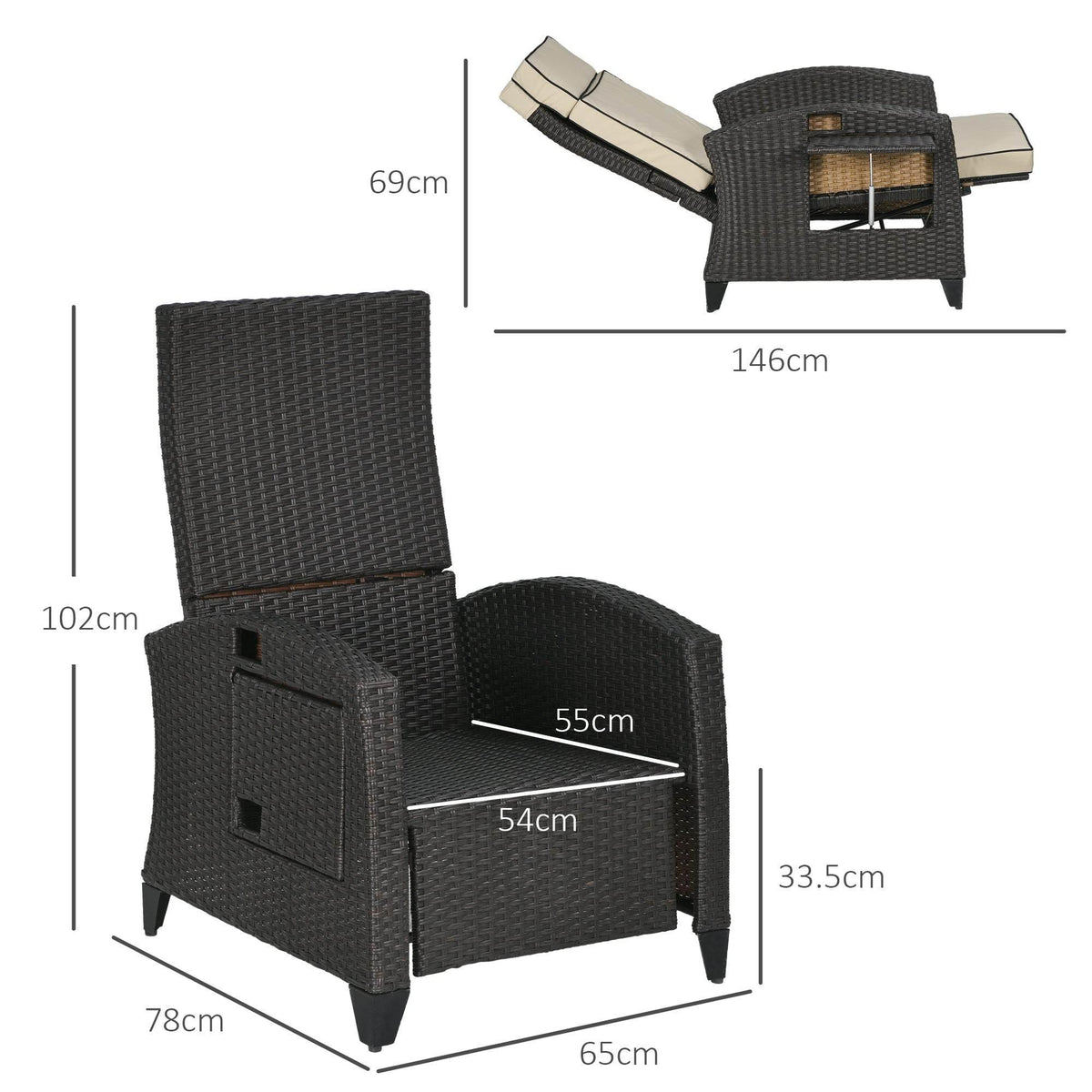 Outdoor recliner chair with side table and adjustable back, dimensions diagram on dark wicker