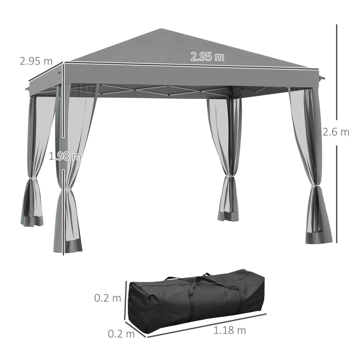 Grey pop-up gazebo with labeled dimensions and included storage bag