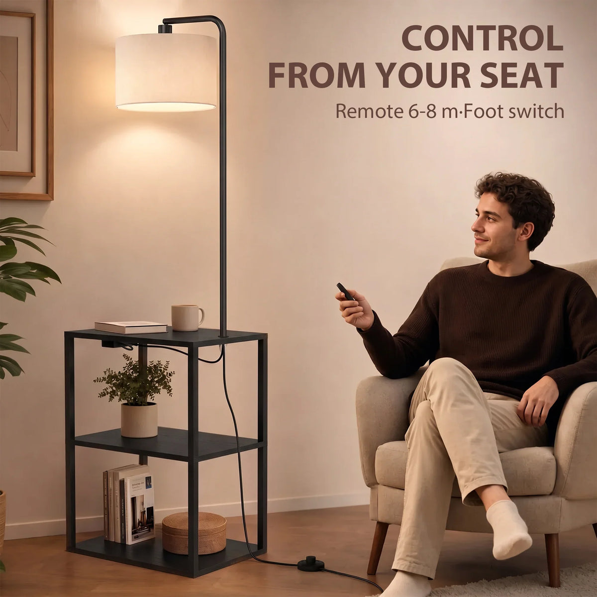 Black floor lamp with off-white shade and 3-tier shelving unit