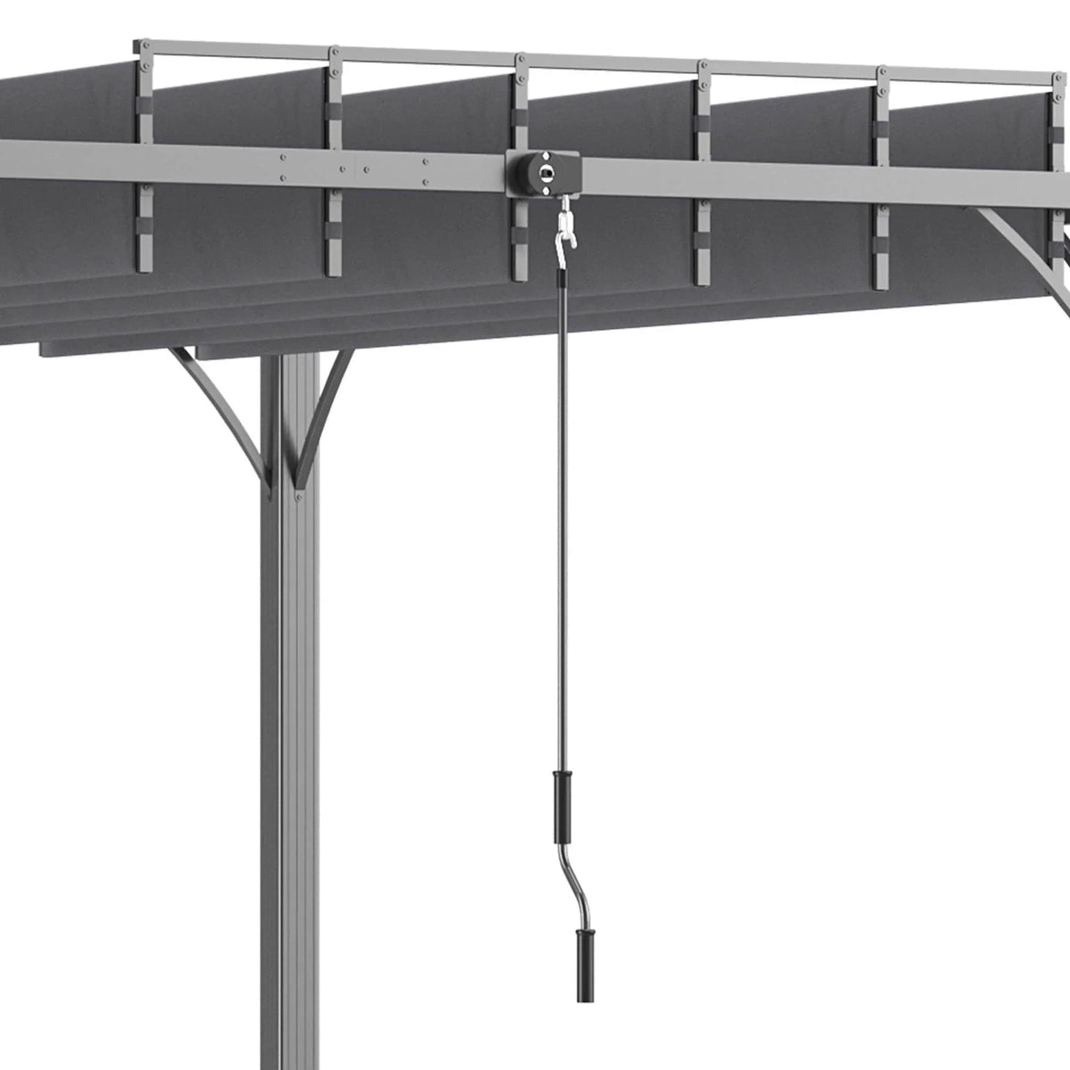 Retractable roof mechanism with hanging pull cord under a grey louvered pergola