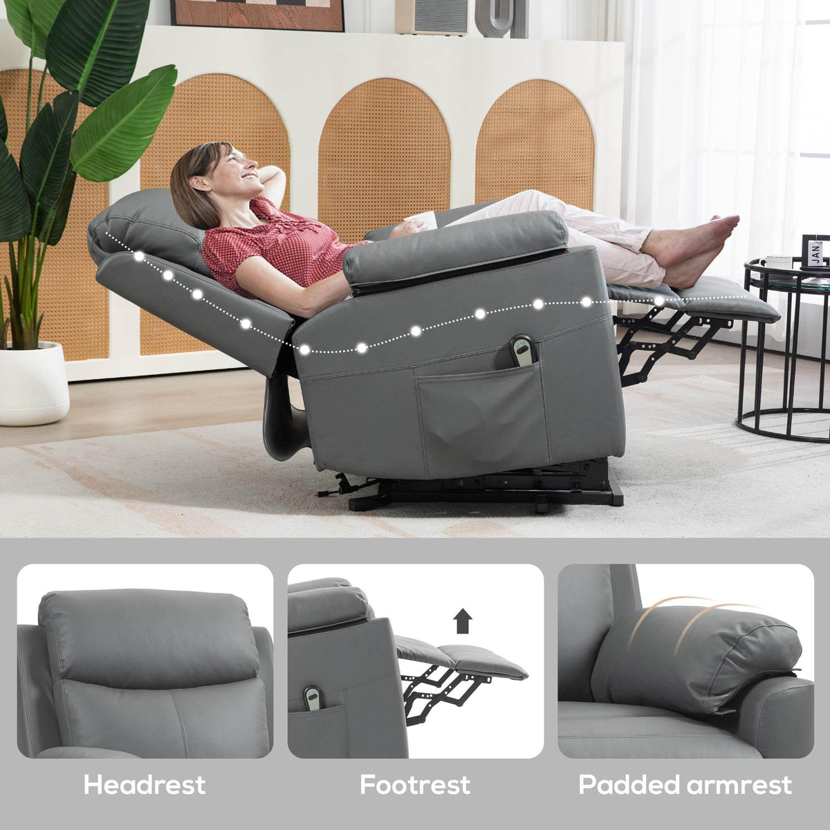 Charcoal grey electric lift recliner chair with extended footrest and side pocket