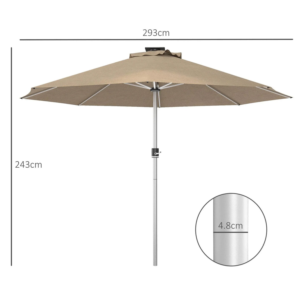 Khaki LED patio umbrella with tan canopy and silver center pole