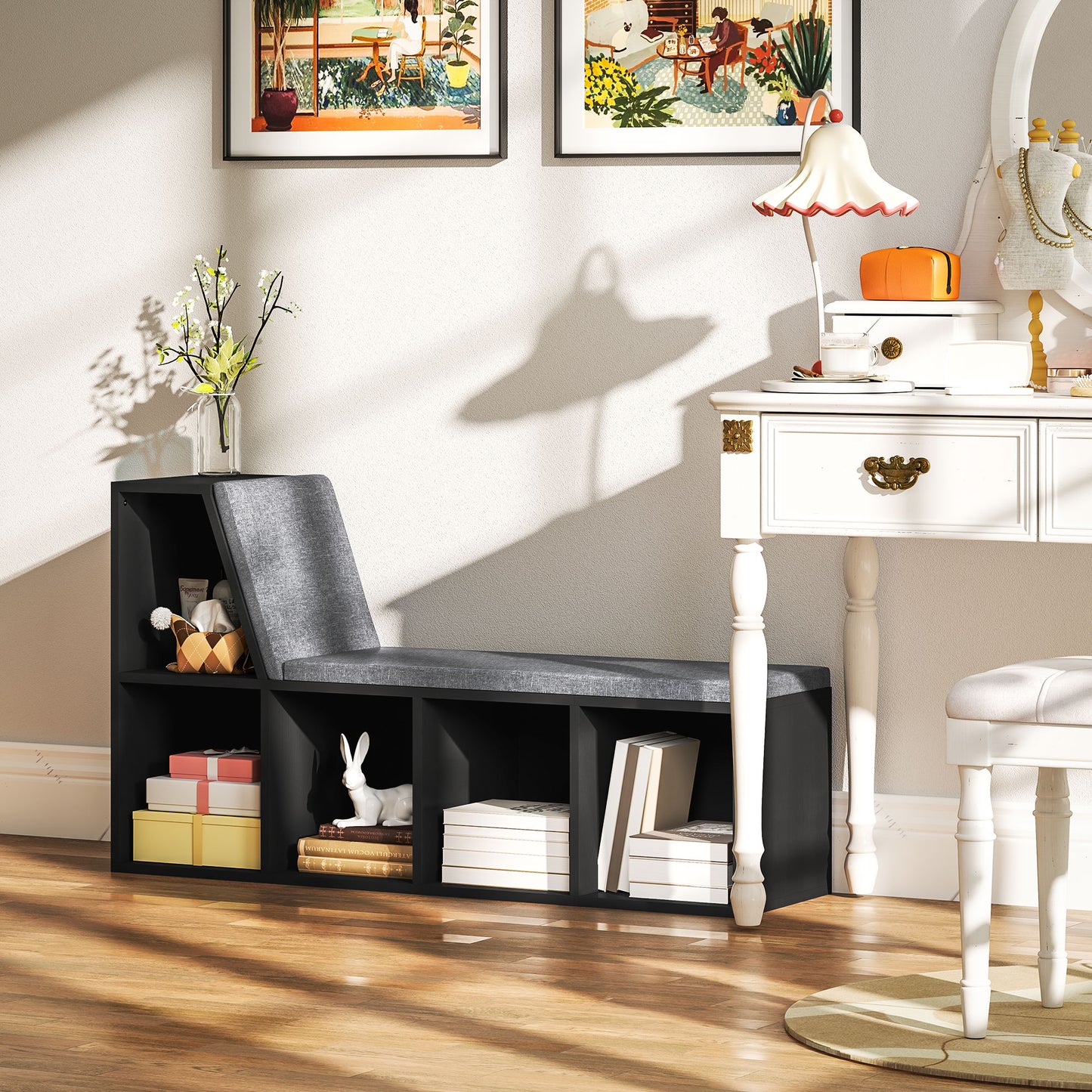 HOMCOM 2 Tier Modern Bookcase With Removable Cushions Storage Shelf For Living Room