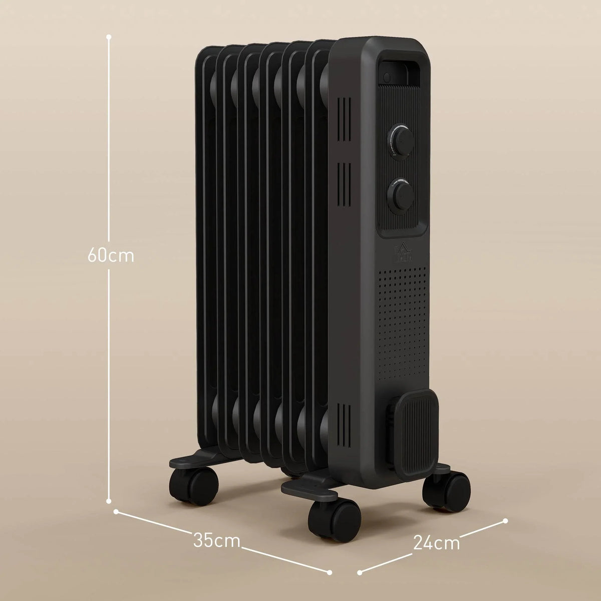 Grey oil-filled heater with vertical fins, two side control knobs, and rolling casters