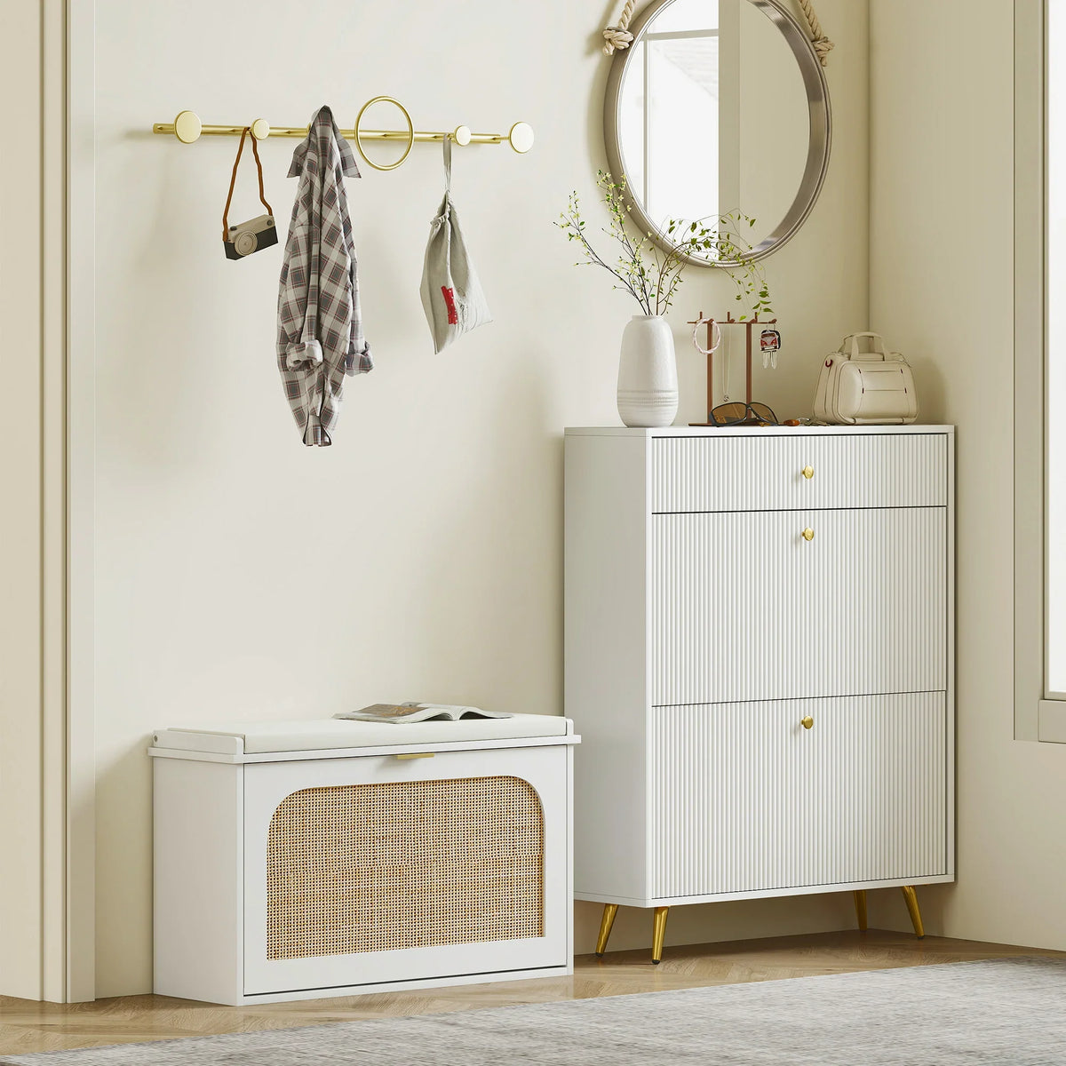 White shoe bench with padded seat and tan rattan flip door for entryway storage