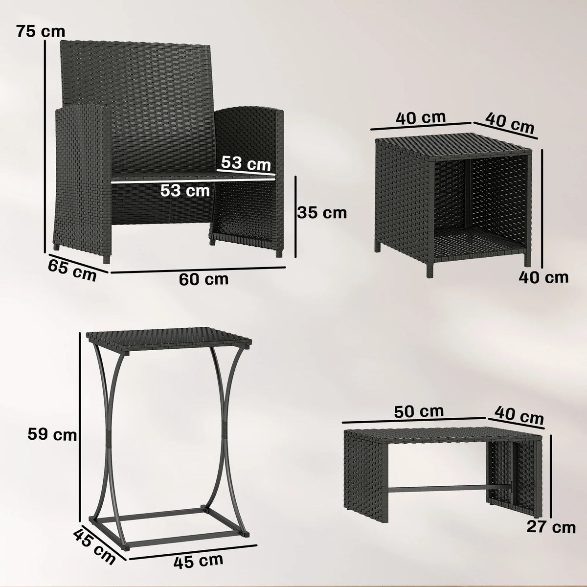 Black rattan patio ottoman and nesting table with printed size dimensions diagram