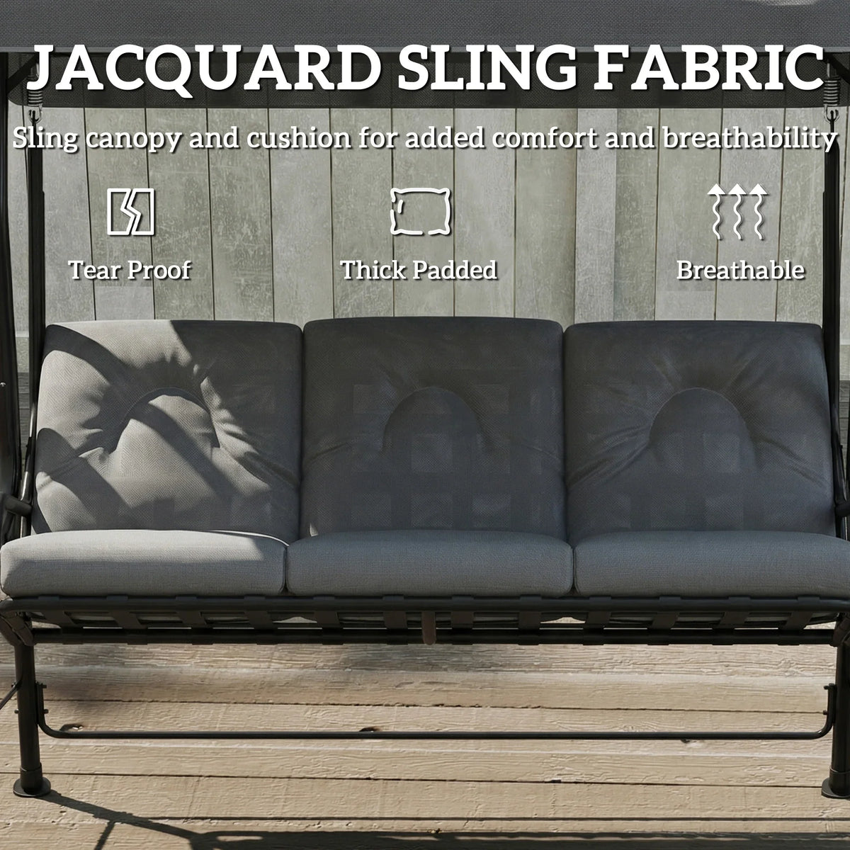 Light grey 3-seat swing cushion with jacquard sling fabric and thick padded backrests