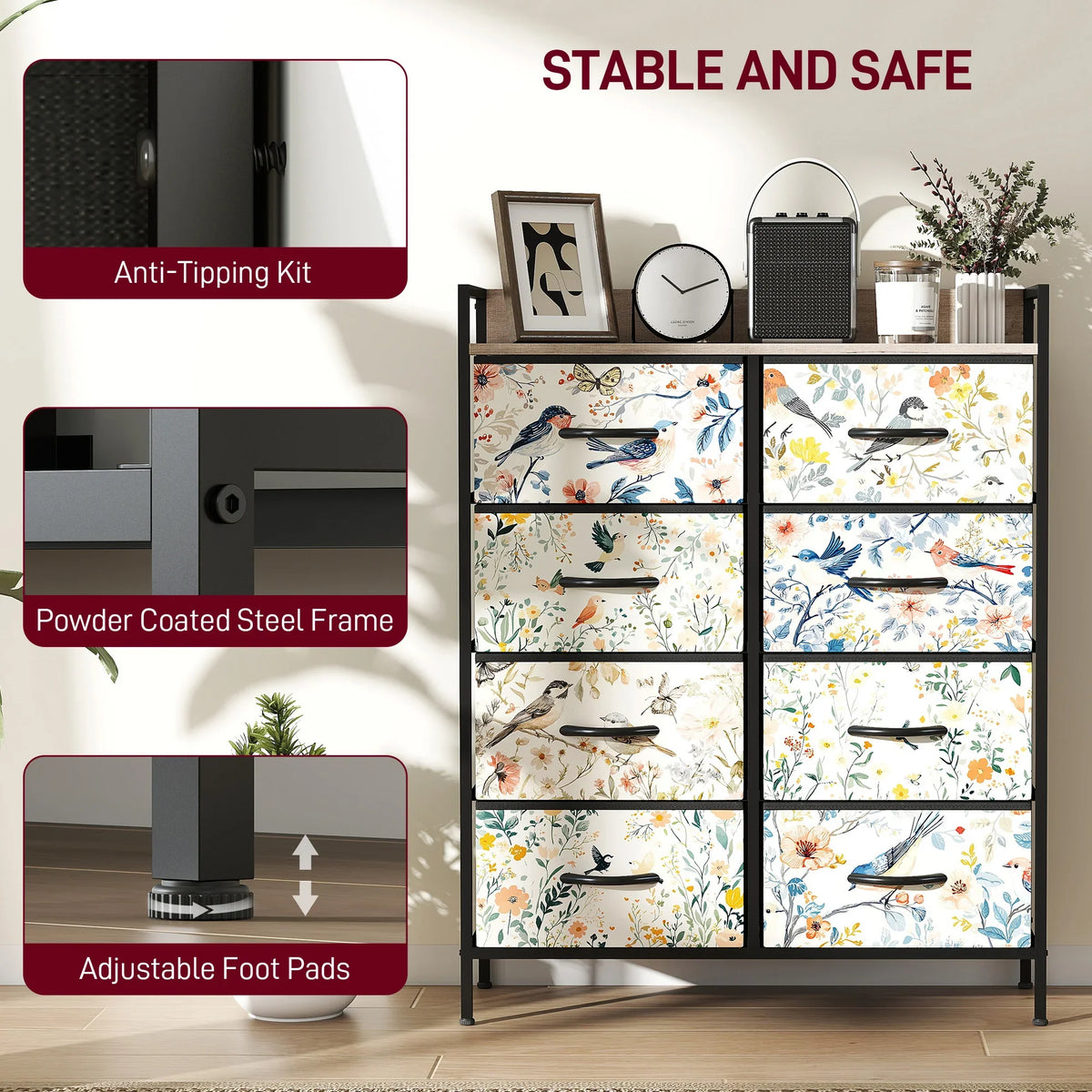 Black frame fabric drawer chest with floral bird patterned bins and four supporting feet