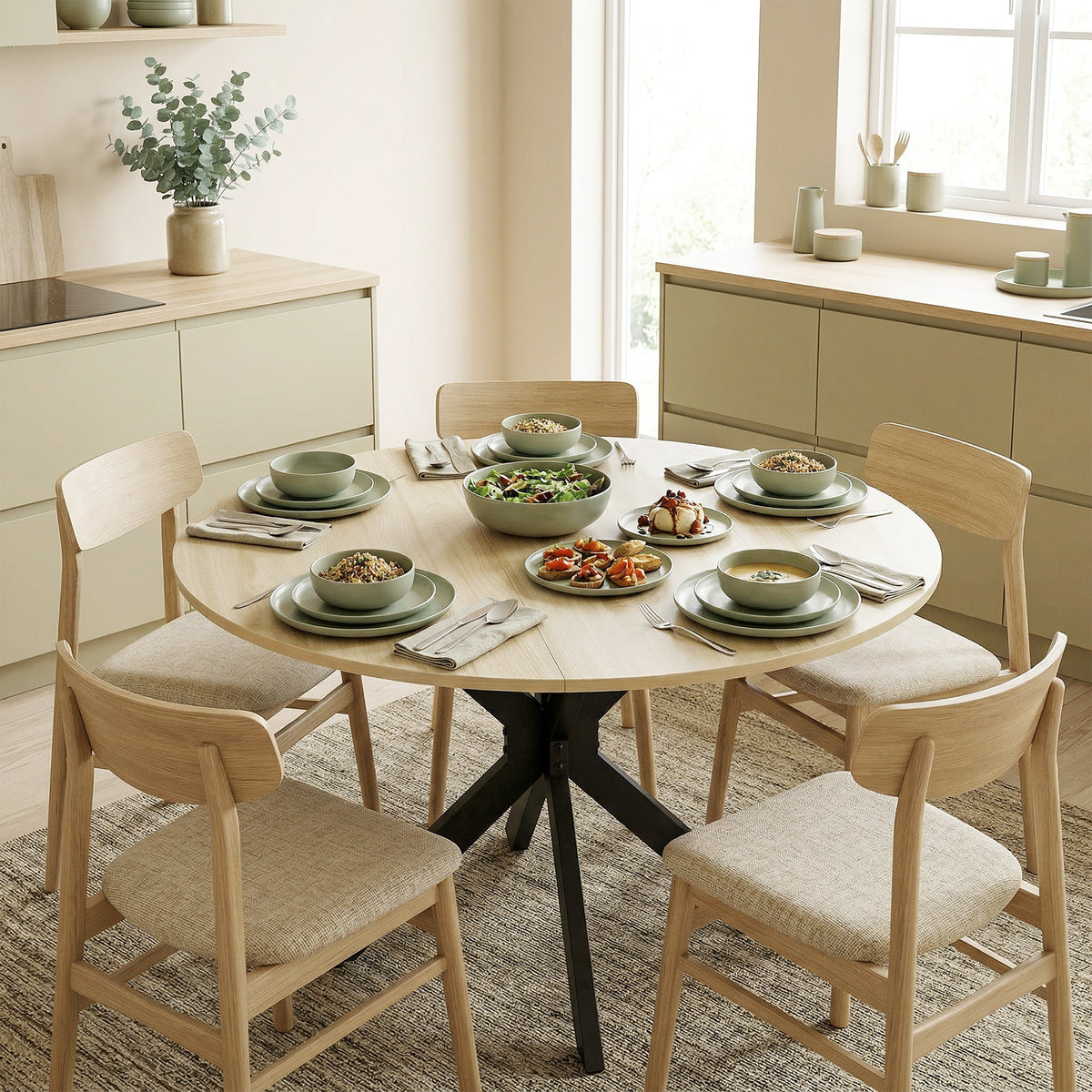 Round drop-leaf dining table in light wood with chairs around it