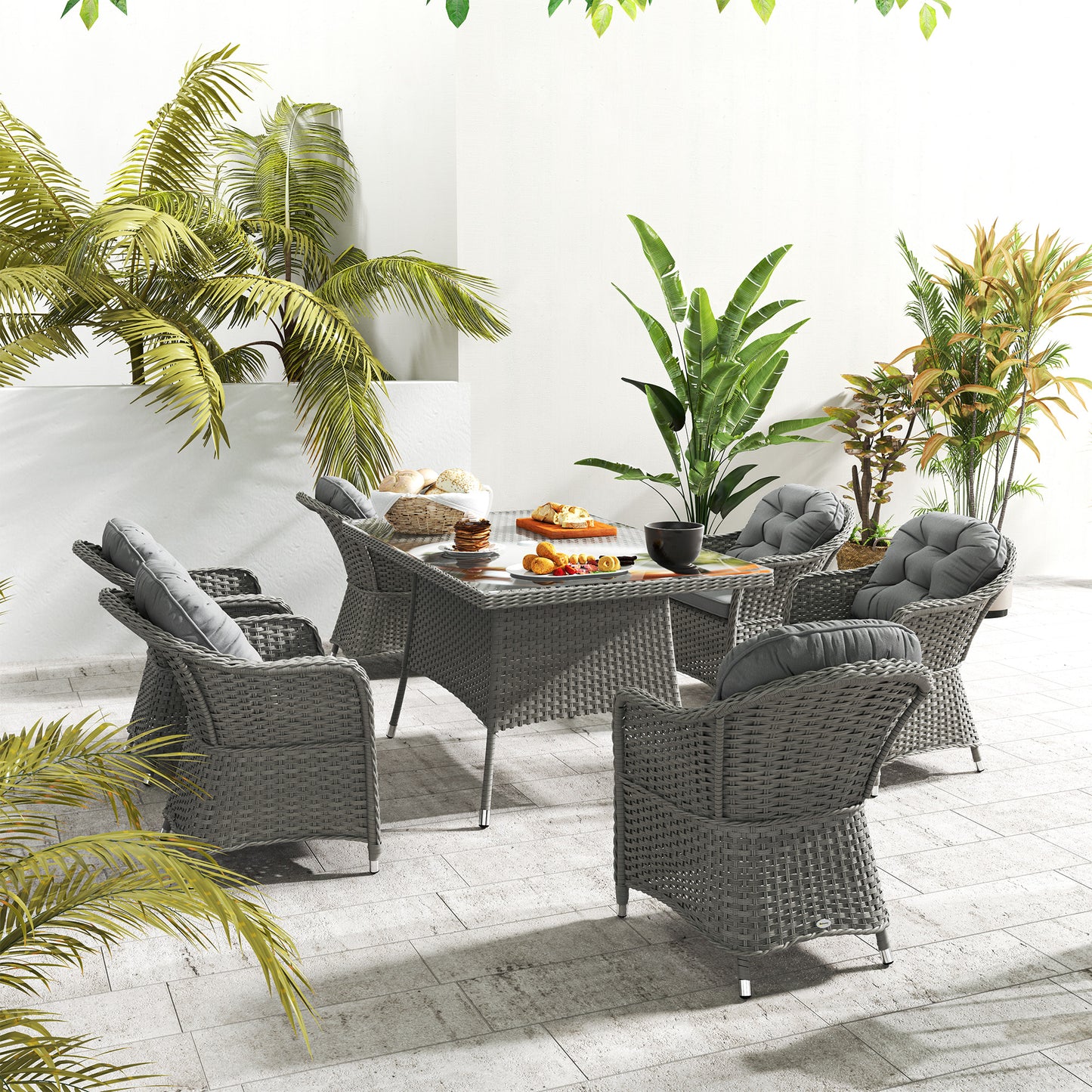 Outsunny Seven-Piece Rattan Dining Set With Six Chairs And Large Table In Light Grey