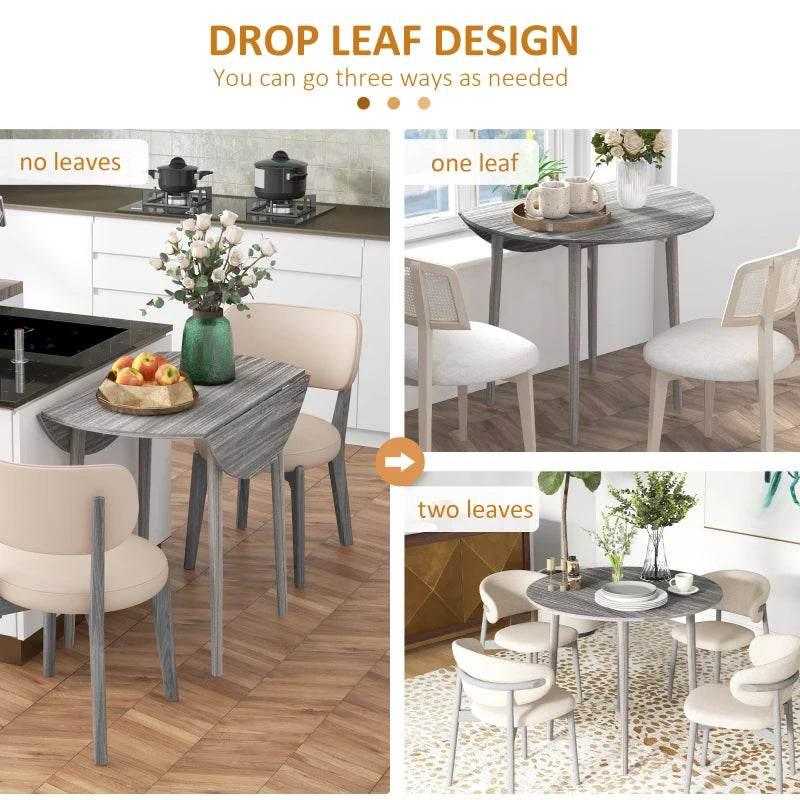 Grey drop-leaf dining table showing compact no-leaf, one-leaf, and two-leaf setups
